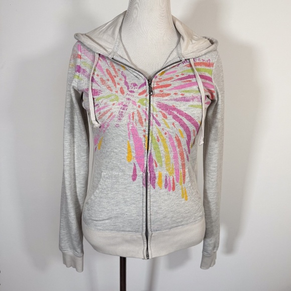 Billabong Y2K Light Grey Zip Up Hoodie Women's XL Butterfly Boho Logo - Picture 1 of 12